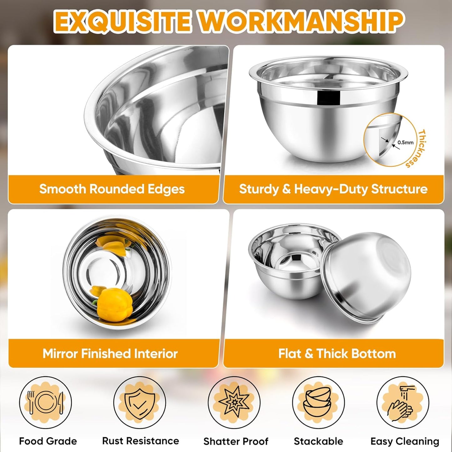 Mixing Bowls with Lids, 5-Piece Stainless Steel Metal Nesting Salad Bowl for Mixing Prepping, Healthy & Heavy Duty, Airtight Lids & Dishwasher Safe, 4.5/3/1.5/1/0.7 QT-Khaki