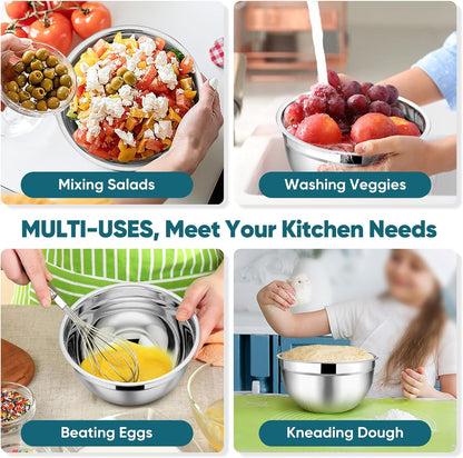 Mixing Bowls with Lids, 5-Piece Stainless Steel Metal Nesting Salad Bowl for Mixing Prepping, Healthy & Heavy Duty, Airtight Lids & Dishwasher Safe, 4.5/3/1.5/1/0.7 QT-Khaki