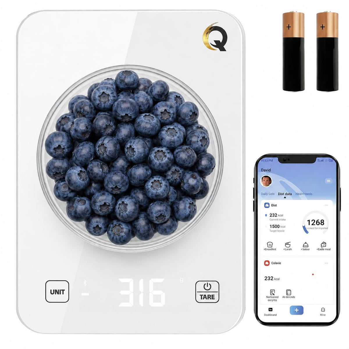 Qahar Food Scale with Nutritional Calculator, Waterproof LED Display Digital Kitchen Scale for Weight Loss Cooking Baking Keto Macro Diet, Calorie Counting, Black Glass, 22lb/10kg