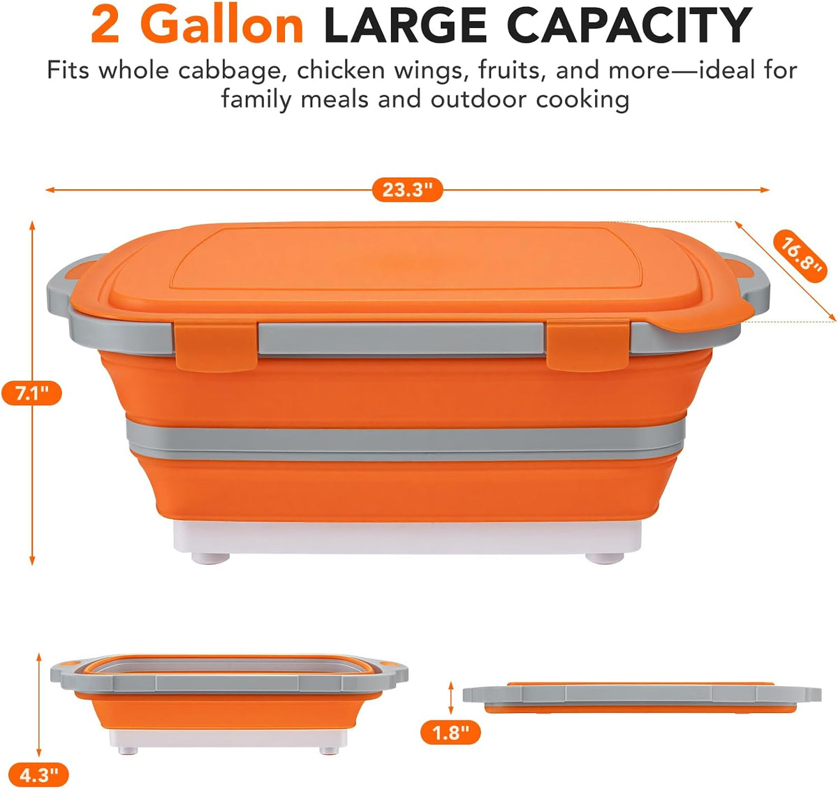 ZYIIXYO 3-in-1 Collapsible BBQ Prep Tub with Locking Lid, Orange 8L