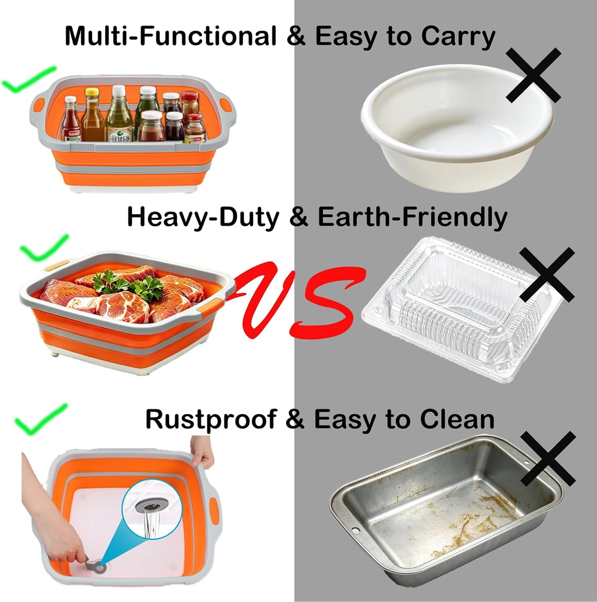 ZYIIXYO 3-in-1 Collapsible BBQ Prep Tub with Locking Lid, Orange 8L