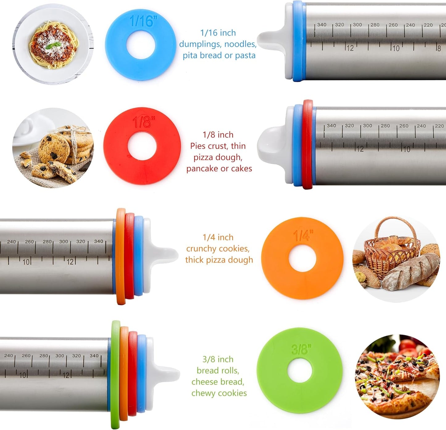 Rolling Pin with Thickness Rings, 17" Adjustable Stainless Steel Rolling Pins for Baking, Dough Roller for Fondant Pizza, Pie, Pasta, Cookies, Cakes, Kitchen Baking Supplies