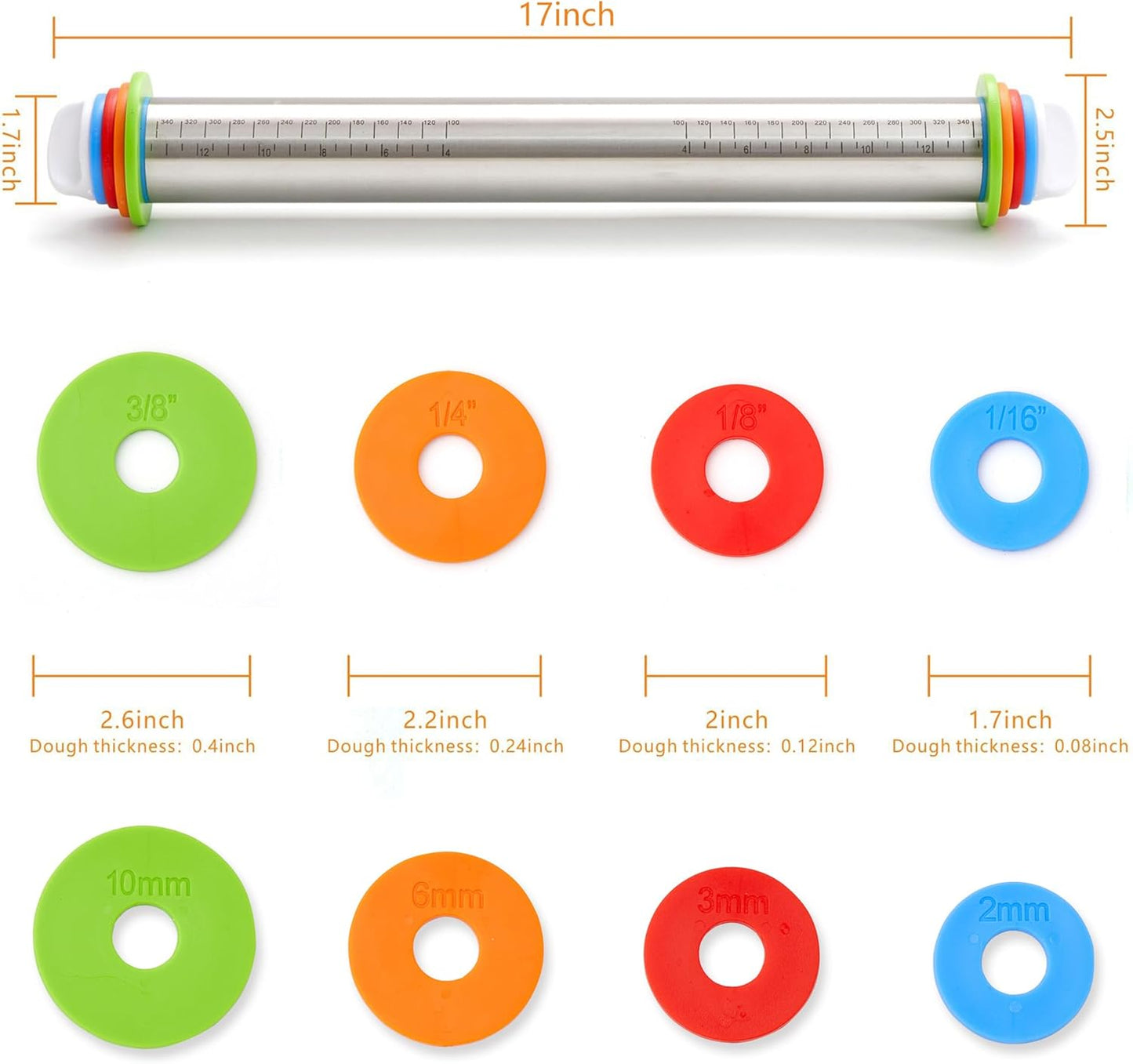 Rolling Pin with Thickness Rings, 17" Adjustable Stainless Steel Rolling Pins for Baking, Dough Roller for Fondant Pizza, Pie, Pasta, Cookies, Cakes, Kitchen Baking Supplies