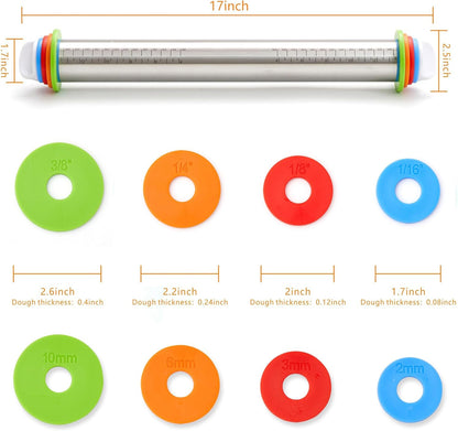 Rolling Pin with Thickness Rings, 17" Adjustable Stainless Steel Rolling Pins for Baking, Dough Roller for Fondant Pizza, Pie, Pasta, Cookies, Cakes, Kitchen Baking Supplies