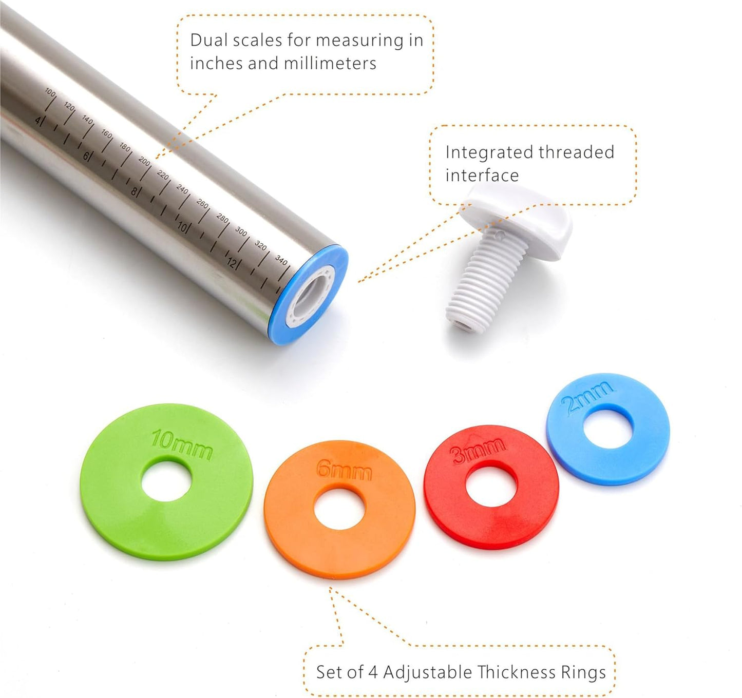 Rolling Pin with Thickness Rings, 17" Adjustable Stainless Steel Rolling Pins for Baking, Dough Roller for Fondant Pizza, Pie, Pasta, Cookies, Cakes, Kitchen Baking Supplies