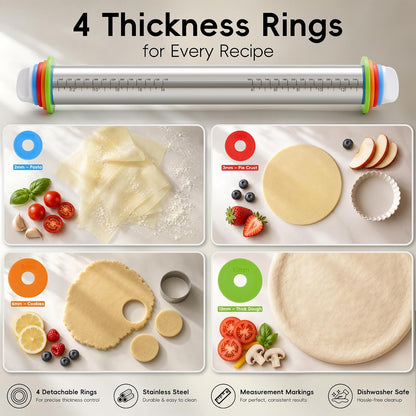 Rolling Pin with Thickness Rings, 17" Adjustable Stainless Steel Rolling Pins for Baking, Dough Roller for Fondant Pizza, Pie, Pasta, Cookies, Cakes, Kitchen Baking Supplies