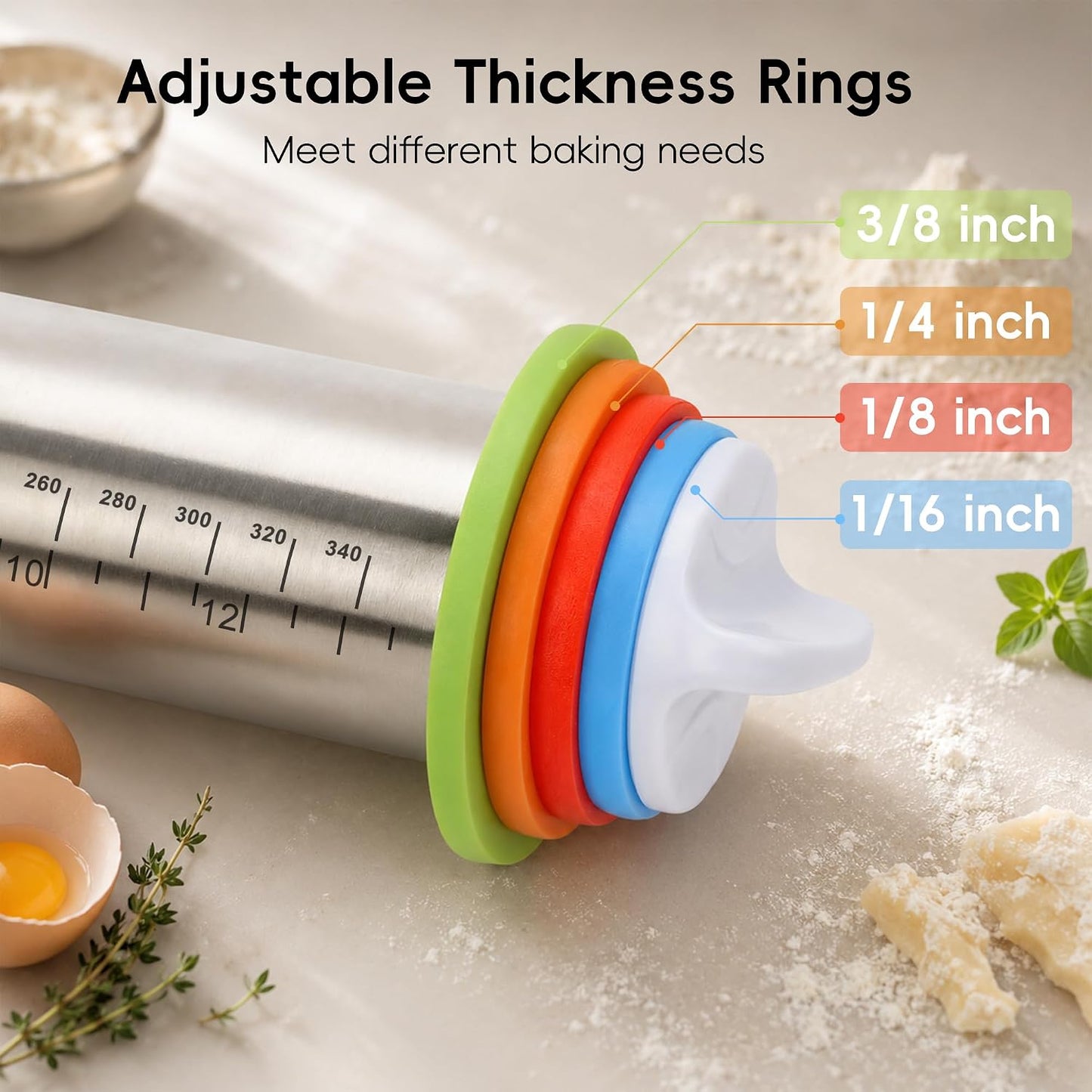 Rolling Pin with Thickness Rings, 17" Adjustable Stainless Steel Rolling Pins for Baking, Dough Roller for Fondant Pizza, Pie, Pasta, Cookies, Cakes, Kitchen Baking Supplies