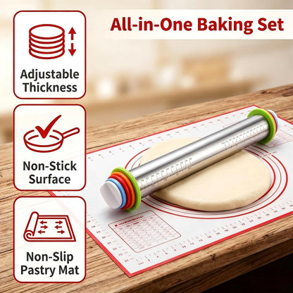 Rolling Pin with Thickness Rings, 17" Adjustable Stainless Steel Rolling Pins for Baking, Dough Roller for Fondant Pizza, Pie, Pasta, Cookies, Cakes, Kitchen Baking Supplies