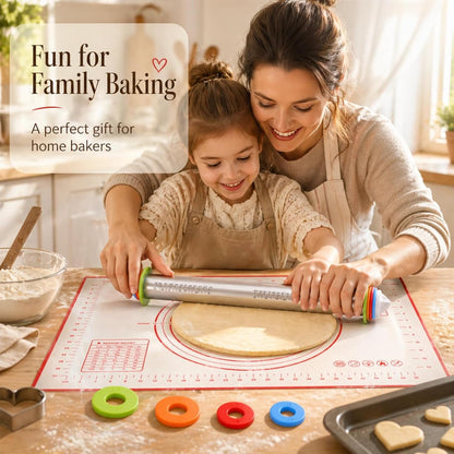 Rolling Pin with Thickness Rings, 17" Adjustable Stainless Steel Rolling Pins for Baking, Dough Roller for Fondant Pizza, Pie, Pasta, Cookies, Cakes, Kitchen Baking Supplies