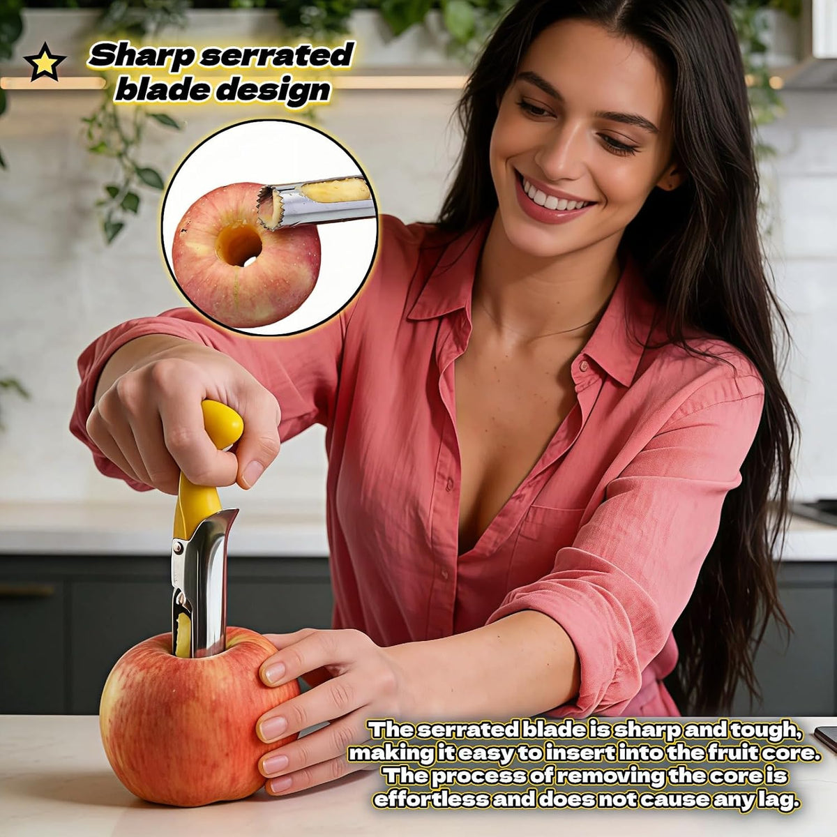 Apple Corer, Stainless Steel Apple Corer and Divider with Sharp Serrated Blade – Easy to Use – Core Remover Tool for Apples, Pears, Cupcakes – Heavy-Duty Kitchen Gadget for Baking, Cooking (Yellow)