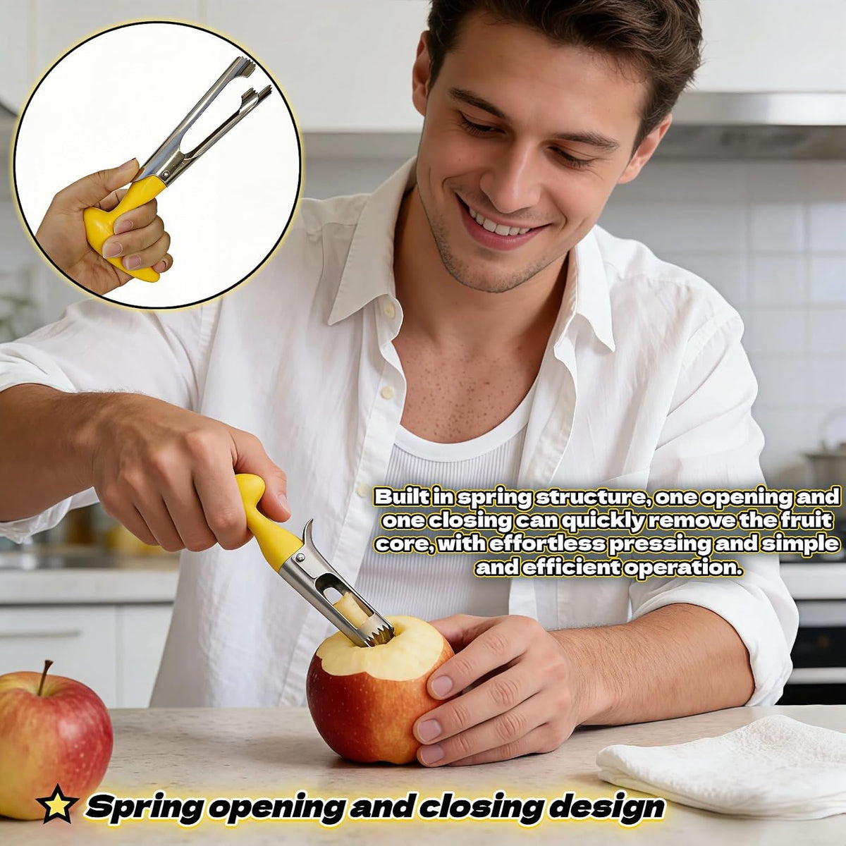 Apple Corer, Stainless Steel Apple Corer and Divider with Sharp Serrated Blade – Easy to Use – Core Remover Tool for Apples, Pears, Cupcakes – Heavy-Duty Kitchen Gadget for Baking, Cooking (Yellow)