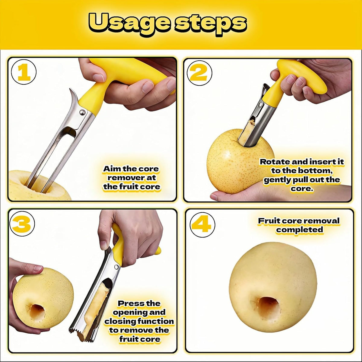 Apple Corer, Stainless Steel Apple Corer and Divider with Sharp Serrated Blade – Easy to Use – Core Remover Tool for Apples, Pears, Cupcakes – Heavy-Duty Kitchen Gadget for Baking, Cooking (Yellow)