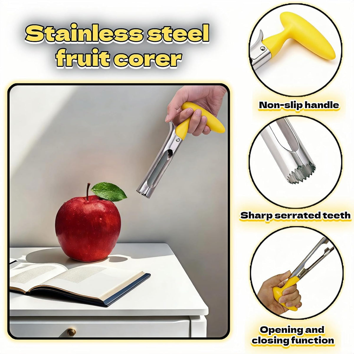 Apple Corer, Stainless Steel Apple Corer and Divider with Sharp Serrated Blade – Easy to Use – Core Remover Tool for Apples, Pears, Cupcakes – Heavy-Duty Kitchen Gadget for Baking, Cooking (Yellow)