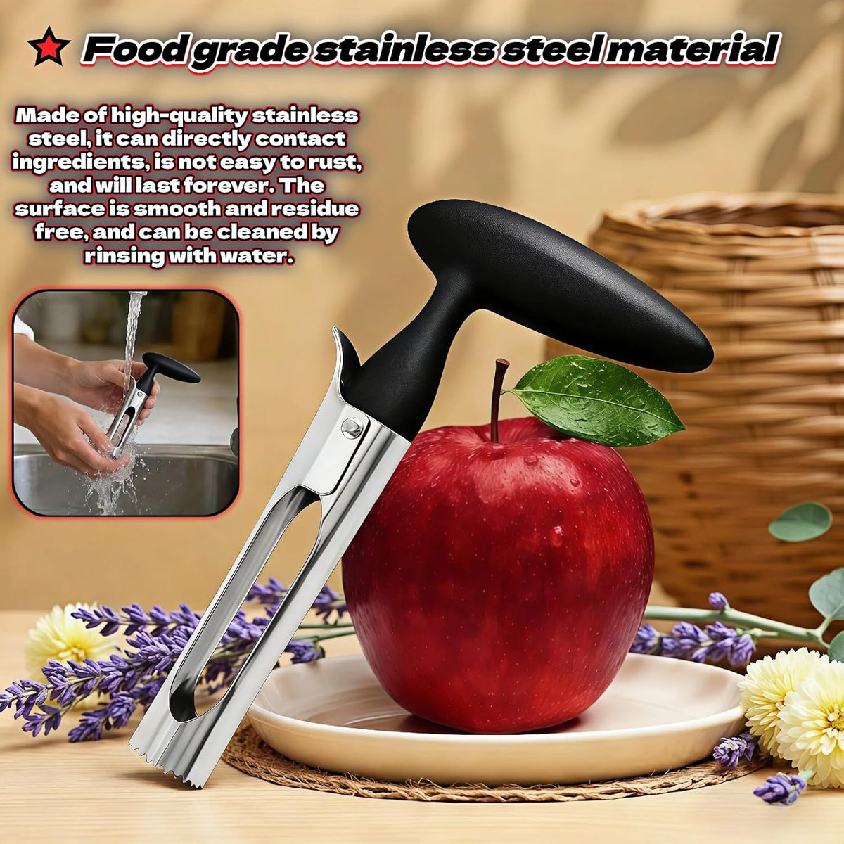 Apple Corer, Stainless Steel Apple Corer and Divider with Sharp Serrated Blade – Easy to Use – Core Remover Tool for Apples, Pears, Cupcakes – Heavy-Duty Kitchen Gadget for Baking, Cooking (Yellow)