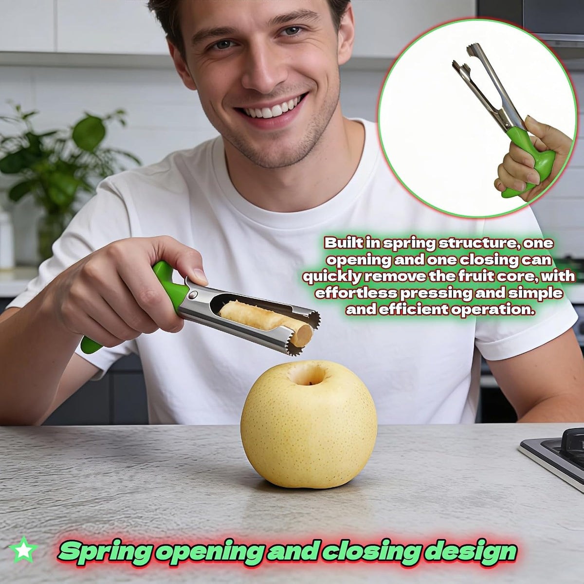 Apple Corer, Stainless Steel Apple Corer and Divider with Sharp Serrated Blade – Easy to Use – Core Remover Tool for Apples, Pears, Cupcakes – Heavy-Duty Kitchen Gadget for Baking, Cooking (Yellow)