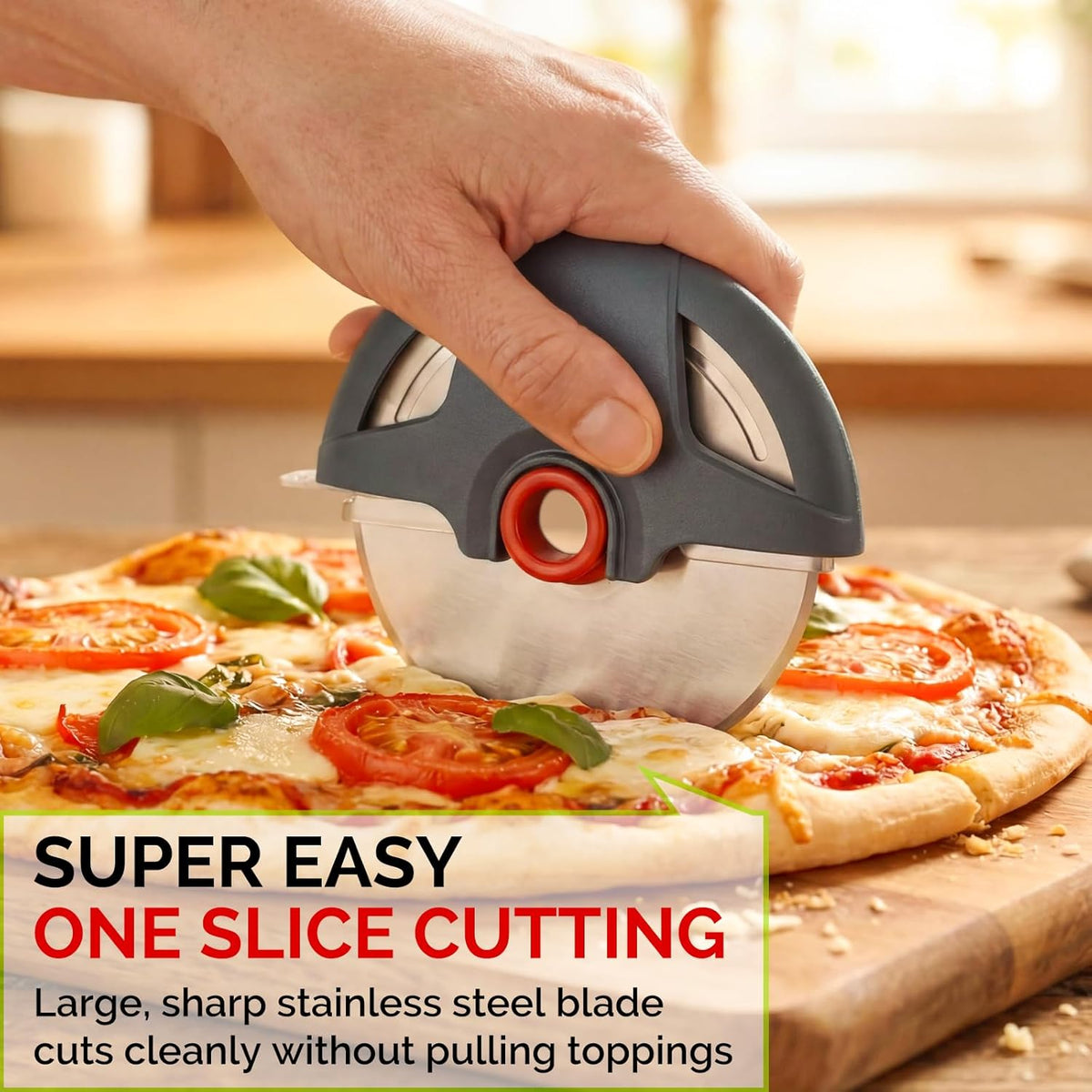 4.3" Palm-Grip Pizza Cutter with Blade Cover for Thick Crusts, Gray | Sharp 18/8 Stainless Steel, BPA Free, Large Wheel for Deep Dish, Multipurpose, Detachable & Dishwasher Safe, Drawer Safe