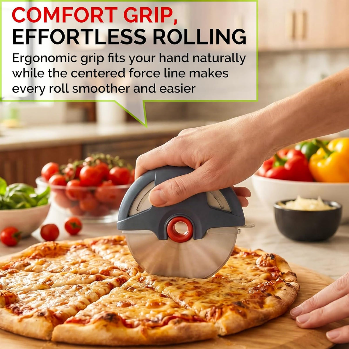 4.3" Palm-Grip Pizza Cutter with Blade Cover for Thick Crusts, Gray | Sharp 18/8 Stainless Steel, BPA Free, Large Wheel for Deep Dish, Multipurpose, Detachable & Dishwasher Safe, Drawer Safe