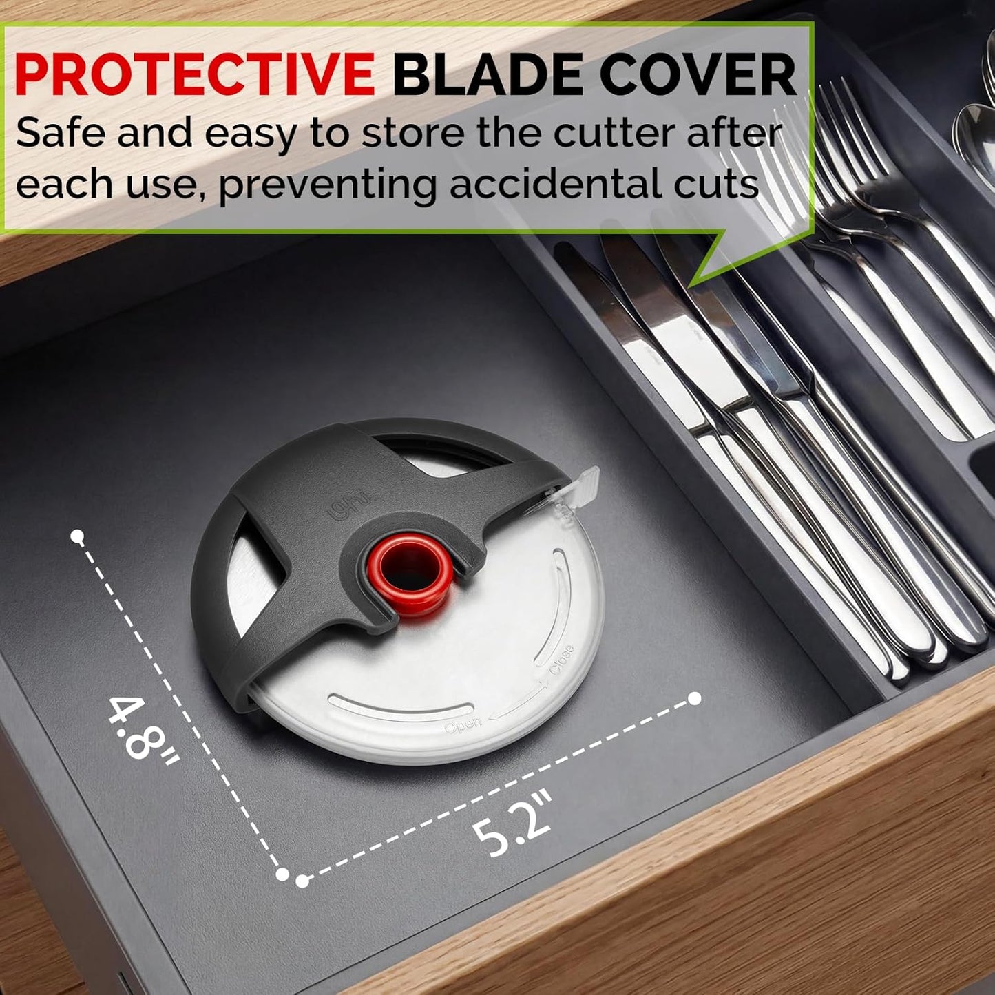 4.3" Palm-Grip Pizza Cutter with Blade Cover for Thick Crusts, Gray | Sharp 18/8 Stainless Steel, BPA Free, Large Wheel for Deep Dish, Multipurpose, Detachable & Dishwasher Safe, Drawer Safe