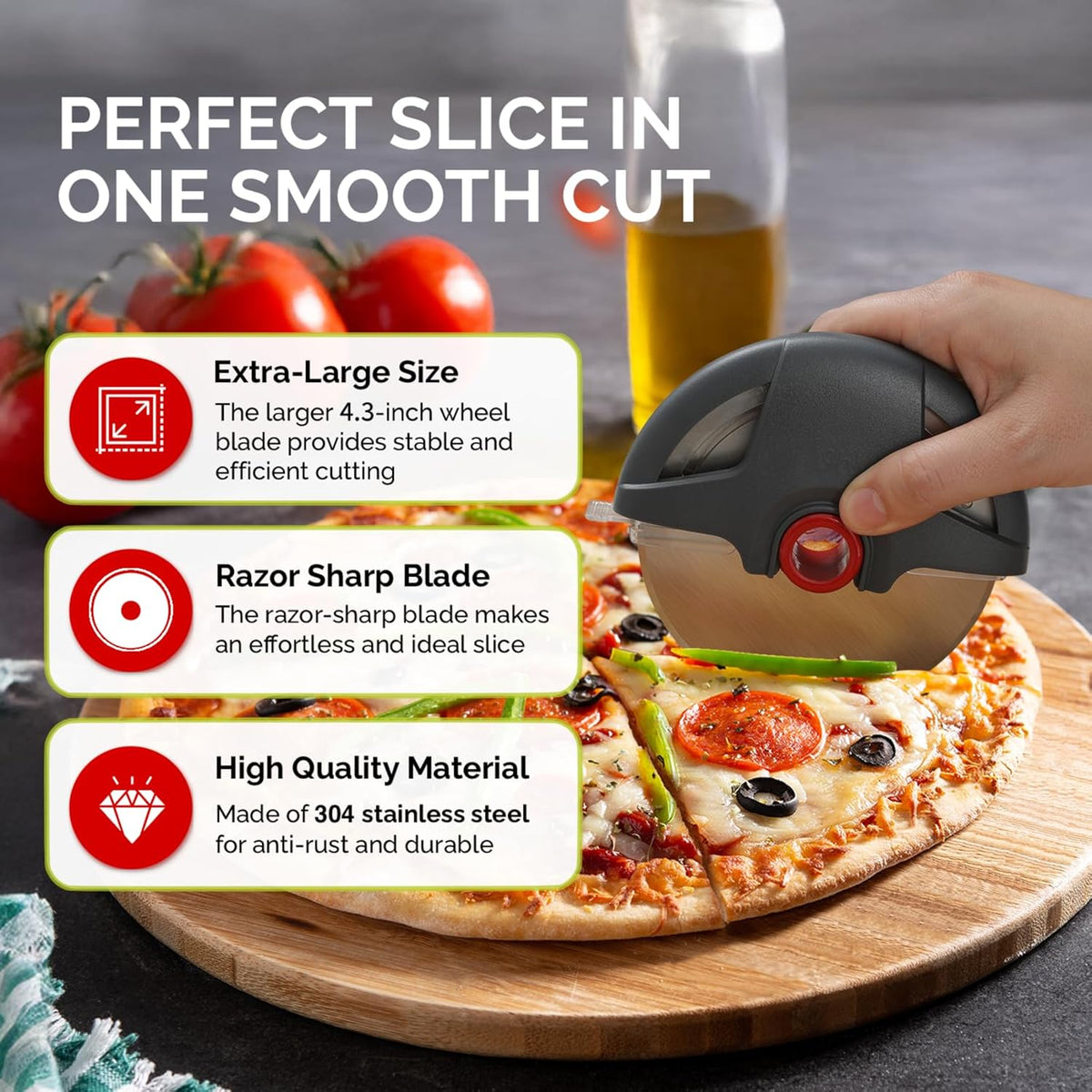 4.3" Palm-Grip Pizza Cutter with Blade Cover for Thick Crusts, Gray | Sharp 18/8 Stainless Steel, BPA Free, Large Wheel for Deep Dish, Multipurpose, Detachable & Dishwasher Safe, Drawer Safe