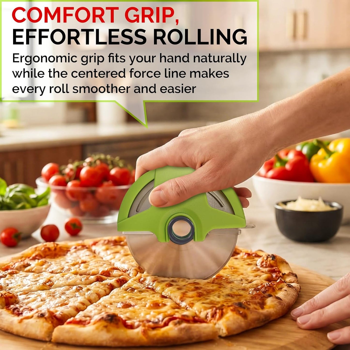 4.3" Palm-Grip Pizza Cutter with Blade Cover for Thick Crusts, Gray | Sharp 18/8 Stainless Steel, BPA Free, Large Wheel for Deep Dish, Multipurpose, Detachable & Dishwasher Safe, Drawer Safe