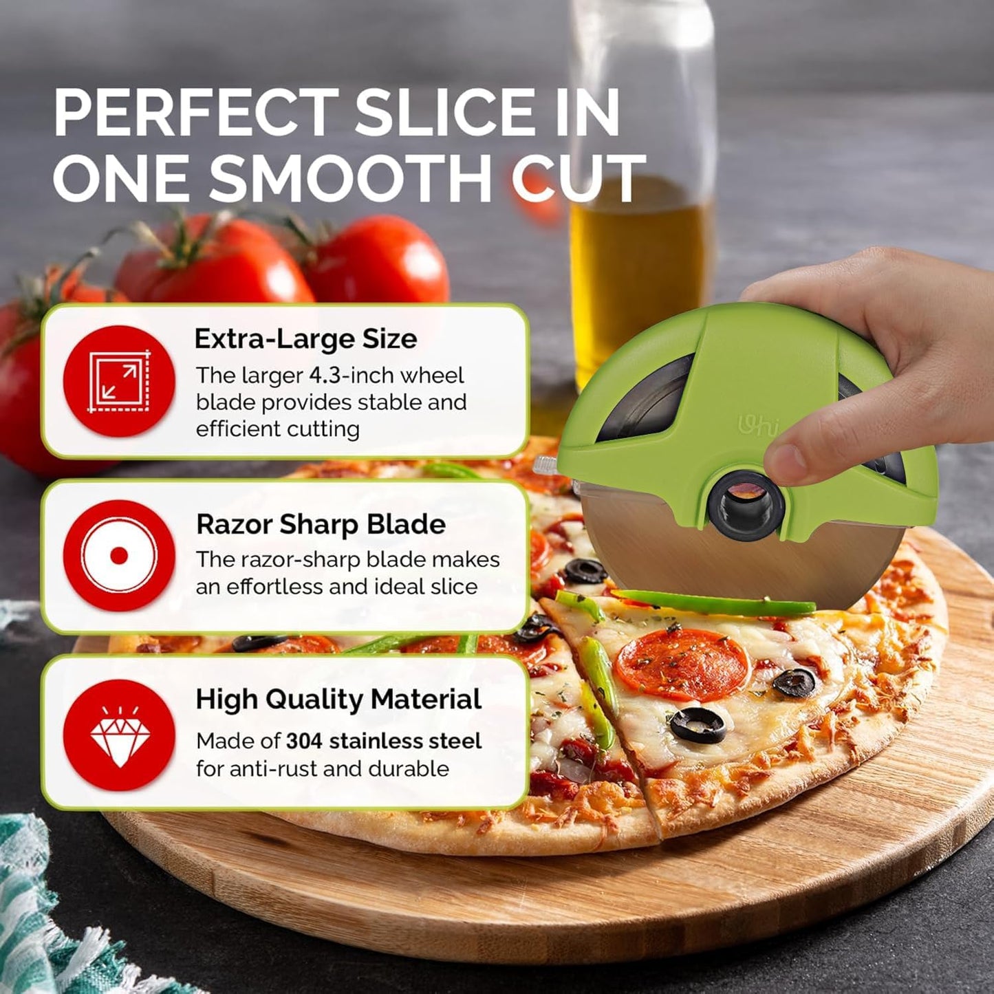 4.3" Palm-Grip Pizza Cutter with Blade Cover for Thick Crusts, Gray | Sharp 18/8 Stainless Steel, BPA Free, Large Wheel for Deep Dish, Multipurpose, Detachable & Dishwasher Safe, Drawer Safe