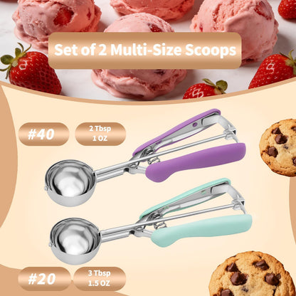 2Pcs Cookie Scoop Set, 18/8 Stainless Steel Cookie Dough Scoops with Lavender & Mint Green Ergonomic Handles, Professional Metal Scooper for Baking, Ice Cream & Cupcakes, 2 Tbsp&3 Tbsp