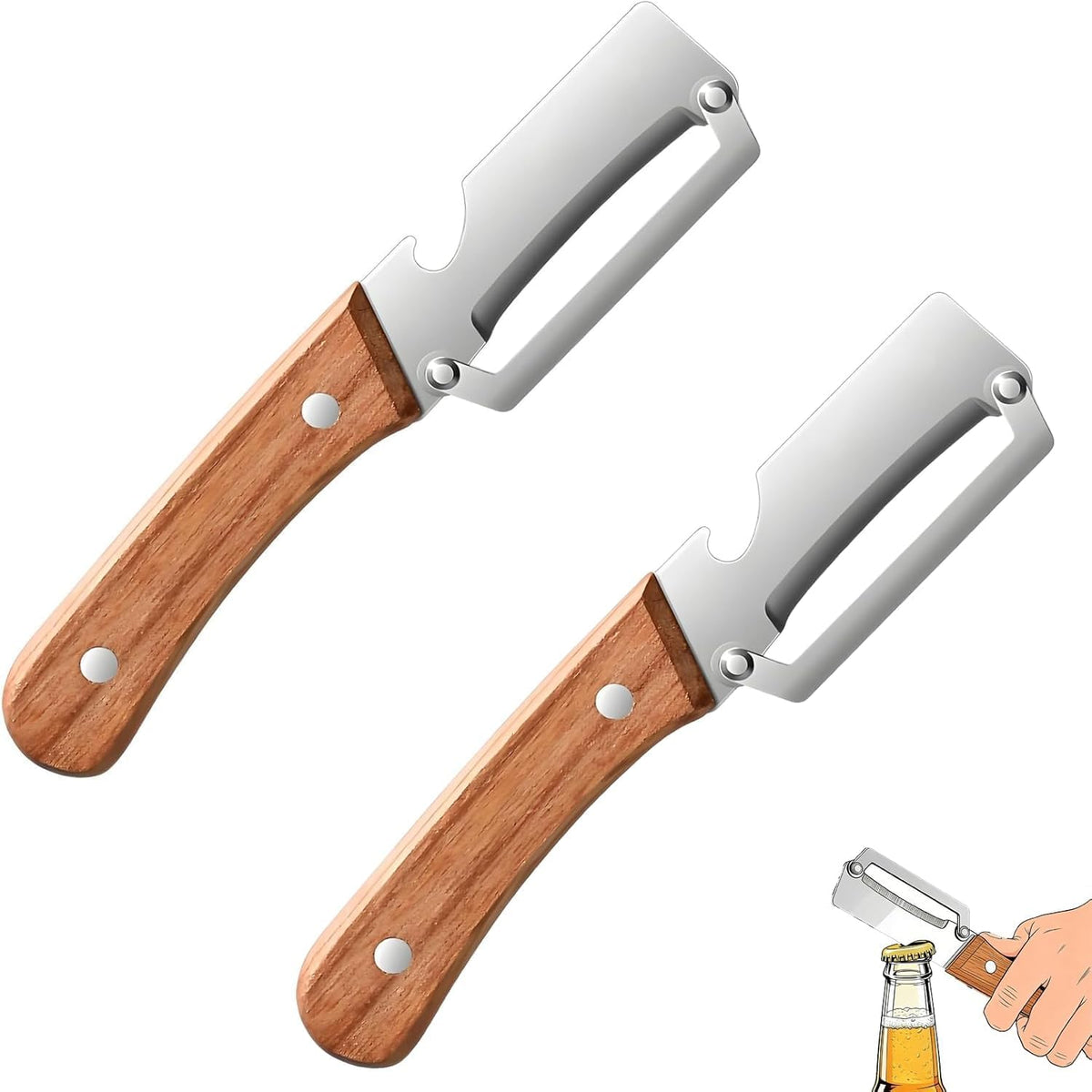 2 Pack Multifunctional Vegetable Peeler, 2-in-1 Kitchen Peeler with Bottle Opener, Wooden Handle & Stainless Steel Blade, for Potato, Carrot, Fruit, Pumpkin,sugar cane, Papaya & More