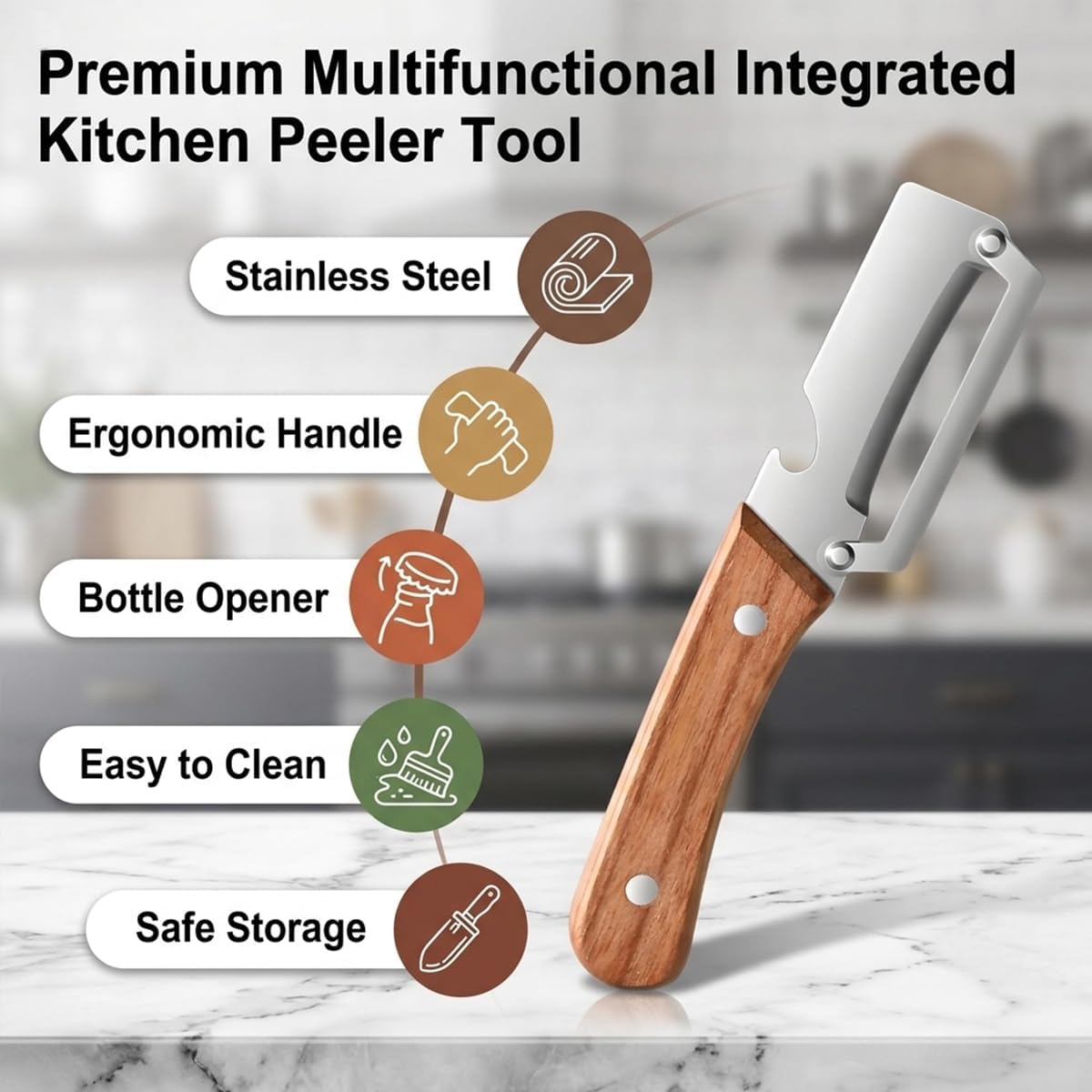 2 Pack Multifunctional Vegetable Peeler, 2-in-1 Kitchen Peeler with Bottle Opener, Wooden Handle & Stainless Steel Blade, for Potato, Carrot, Fruit, Pumpkin,sugar cane, Papaya & More