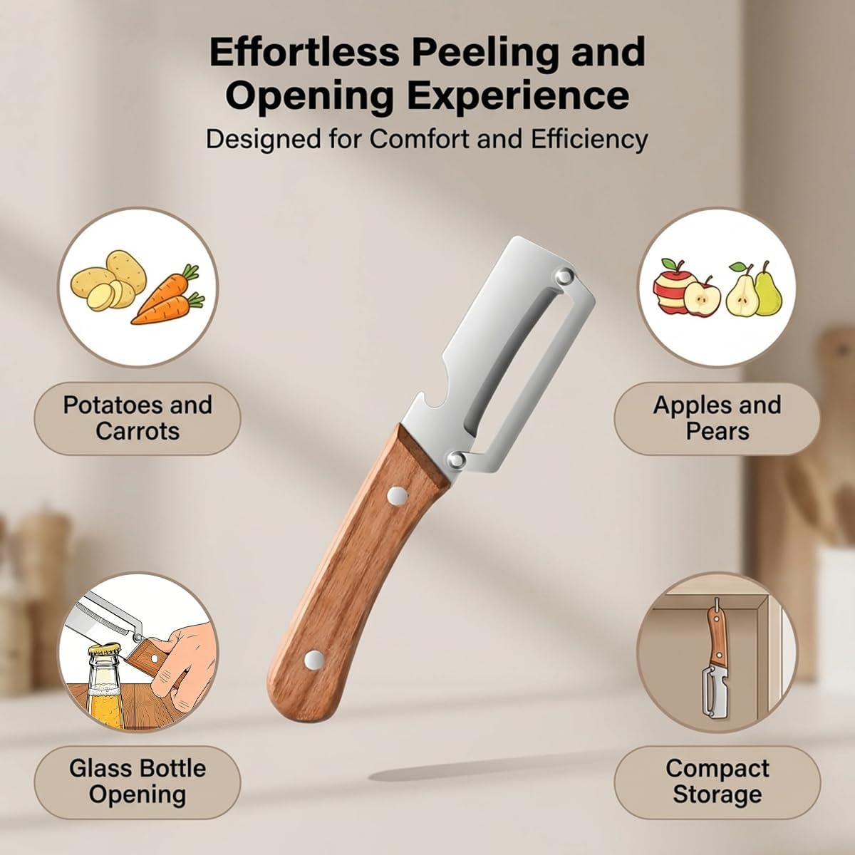 2 Pack Multifunctional Vegetable Peeler, 2-in-1 Kitchen Peeler with Bottle Opener, Wooden Handle & Stainless Steel Blade, for Potato, Carrot, Fruit, Pumpkin,sugar cane, Papaya & More