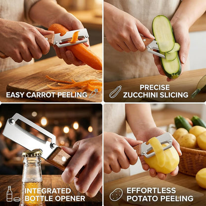 2 Pack Multifunctional Vegetable Peeler, 2-in-1 Kitchen Peeler with Bottle Opener, Wooden Handle & Stainless Steel Blade, for Potato, Carrot, Fruit, Pumpkin,sugar cane, Papaya & More