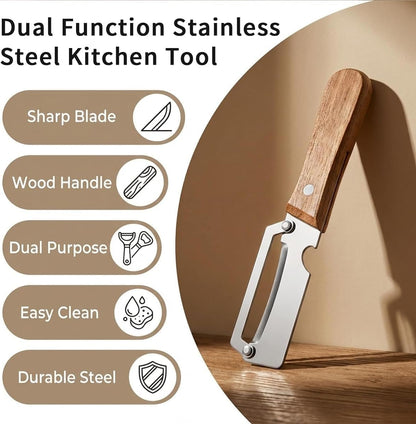 2 Pack Multifunctional Vegetable Peeler, 2-in-1 Kitchen Peeler with Bottle Opener, Wooden Handle & Stainless Steel Blade, for Potato, Carrot, Fruit, Pumpkin,sugar cane, Papaya & More