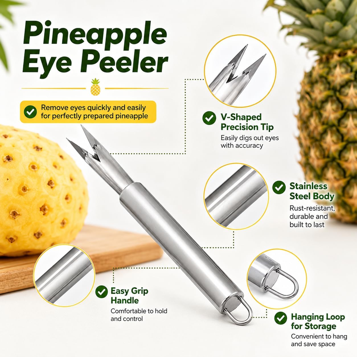 Pineapple Eye Peeler Remover Tool, Multipurpose Pineapple Eye Clip, V Shape Stainless Steel Pineapple Eye Peeler Remover for Home Kitchen， Fruit Slicer Eye Cutter Kitchen Tools