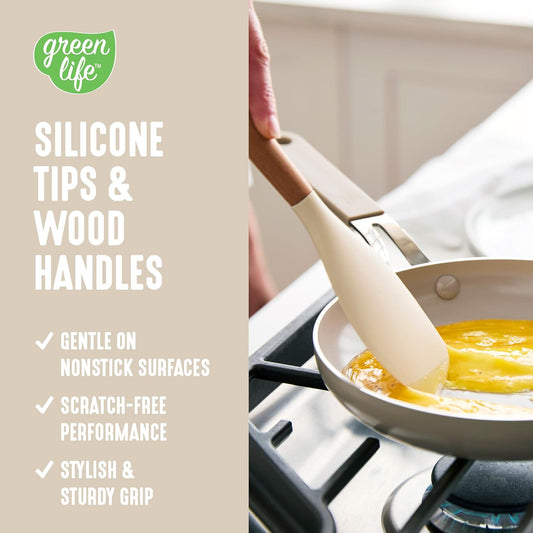 11 Piece Silicone Utensil Crock Set, Nonstick Kitchen Tools, Ladle, Turner, Slotted Turner, Spatula, Spoon, Spaghetti Server, Brush, Whisk, Tongs, Crock, Cream White