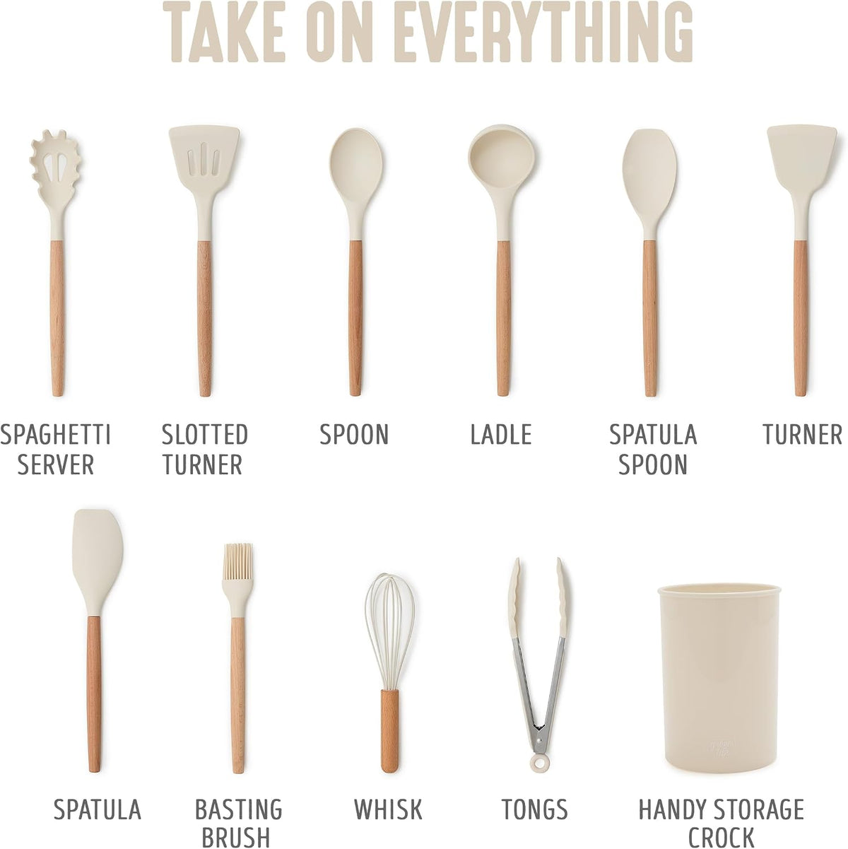11 Piece Silicone Utensil Crock Set, Nonstick Kitchen Tools, Ladle, Turner, Slotted Turner, Spatula, Spoon, Spaghetti Server, Brush, Whisk, Tongs, Crock, Cream White