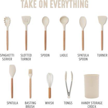 11 Piece Silicone Utensil Crock Set, Nonstick Kitchen Tools, Ladle, Turner, Slotted Turner, Spatula, Spoon, Spaghetti Server, Brush, Whisk, Tongs, Crock, Cream White