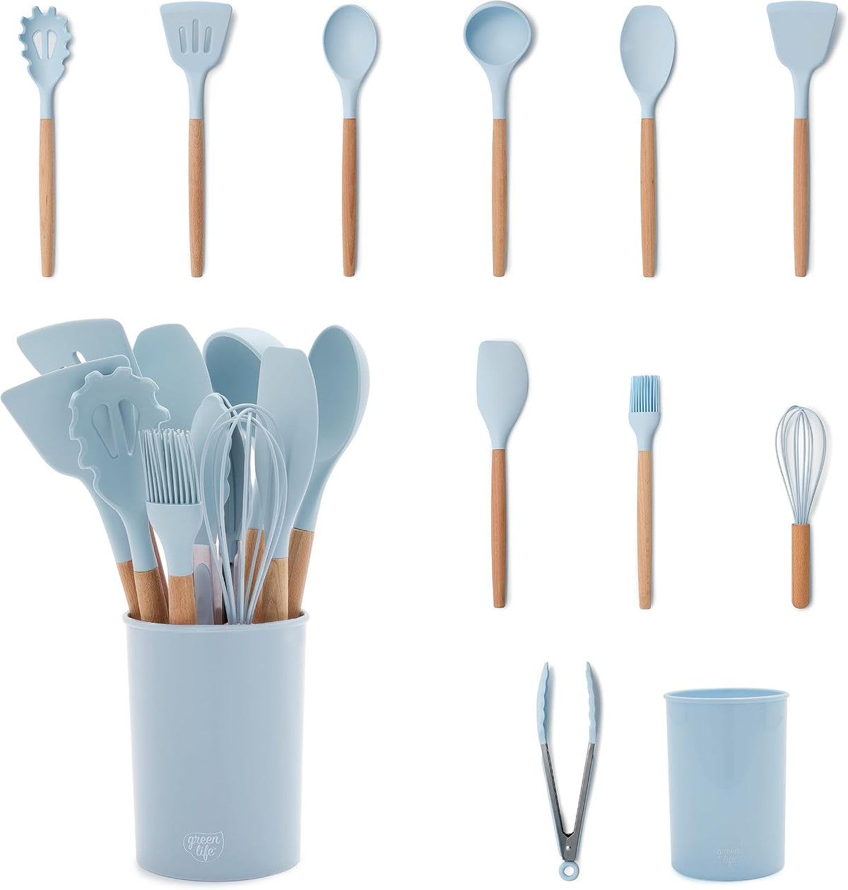 11 Piece Silicone Utensil Crock Set, Nonstick Kitchen Tools, Ladle, Turner, Slotted Turner, Spatula, Spoon, Spaghetti Server, Brush, Whisk, Tongs, Crock, Cream White