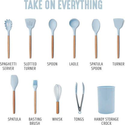 11 Piece Silicone Utensil Crock Set, Nonstick Kitchen Tools, Ladle, Turner, Slotted Turner, Spatula, Spoon, Spaghetti Server, Brush, Whisk, Tongs, Crock, Cream White