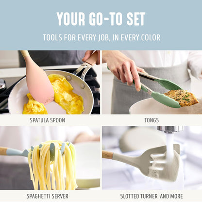 11 Piece Silicone Utensil Crock Set, Nonstick Kitchen Tools, Ladle, Turner, Slotted Turner, Spatula, Spoon, Spaghetti Server, Brush, Whisk, Tongs, Crock, Cream White