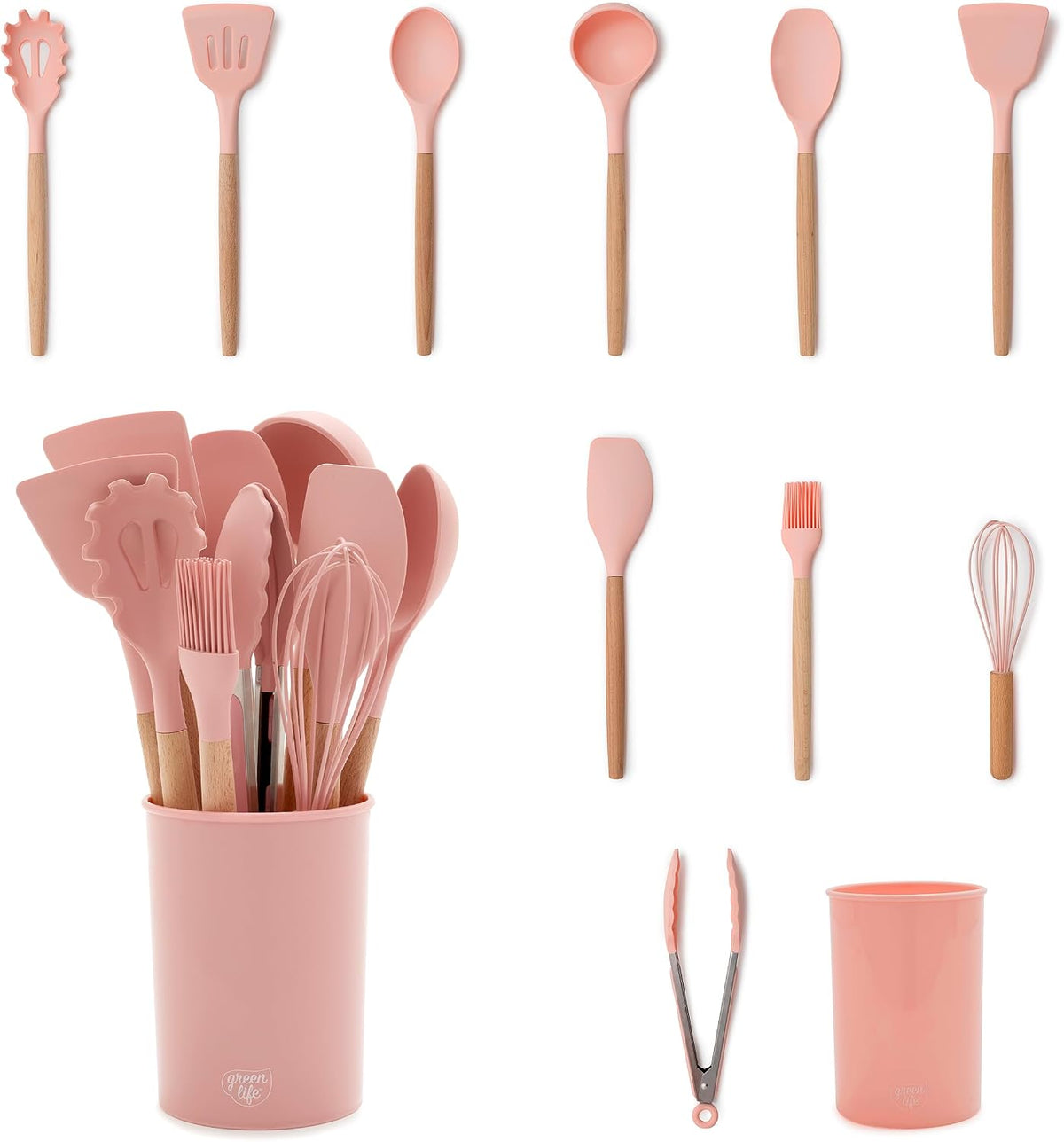 11 Piece Silicone Utensil Crock Set, Nonstick Kitchen Tools, Ladle, Turner, Slotted Turner, Spatula, Spoon, Spaghetti Server, Brush, Whisk, Tongs, Crock, Cream White