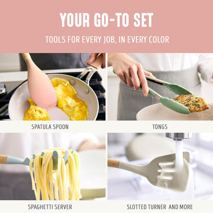 11 Piece Silicone Utensil Crock Set, Nonstick Kitchen Tools, Ladle, Turner, Slotted Turner, Spatula, Spoon, Spaghetti Server, Brush, Whisk, Tongs, Crock, Cream White