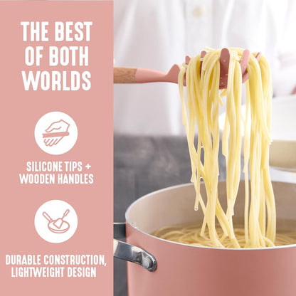 11 Piece Silicone Utensil Crock Set, Nonstick Kitchen Tools, Ladle, Turner, Slotted Turner, Spatula, Spoon, Spaghetti Server, Brush, Whisk, Tongs, Crock, Cream White