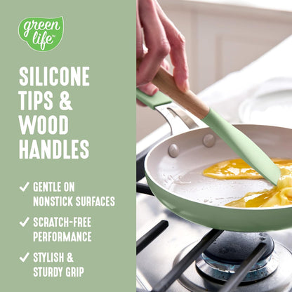11 Piece Silicone Utensil Crock Set, Nonstick Kitchen Tools, Ladle, Turner, Slotted Turner, Spatula, Spoon, Spaghetti Server, Brush, Whisk, Tongs, Crock, Cream White