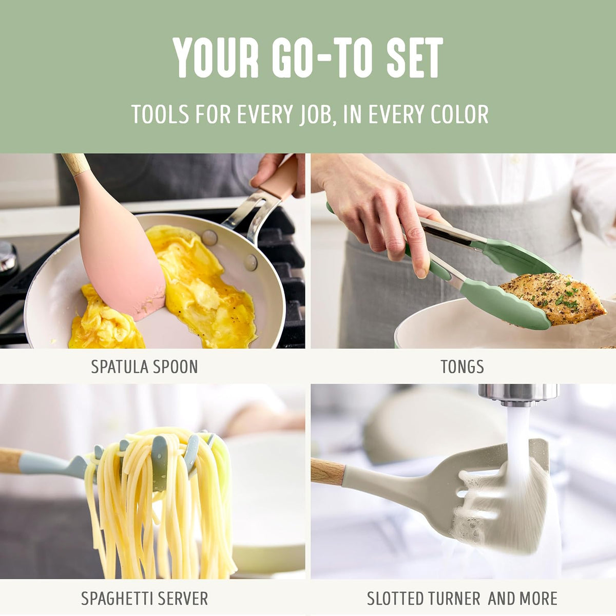 11 Piece Silicone Utensil Crock Set, Nonstick Kitchen Tools, Ladle, Turner, Slotted Turner, Spatula, Spoon, Spaghetti Server, Brush, Whisk, Tongs, Crock, Cream White