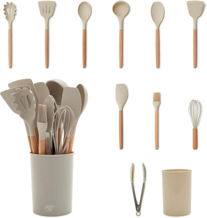 11 Piece Silicone Utensil Crock Set, Nonstick Kitchen Tools, Ladle, Turner, Slotted Turner, Spatula, Spoon, Spaghetti Server, Brush, Whisk, Tongs, Crock, Cream White