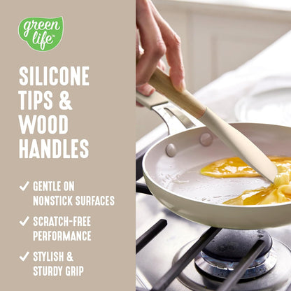 11 Piece Silicone Utensil Crock Set, Nonstick Kitchen Tools, Ladle, Turner, Slotted Turner, Spatula, Spoon, Spaghetti Server, Brush, Whisk, Tongs, Crock, Cream White