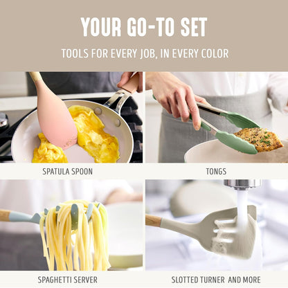 11 Piece Silicone Utensil Crock Set, Nonstick Kitchen Tools, Ladle, Turner, Slotted Turner, Spatula, Spoon, Spaghetti Server, Brush, Whisk, Tongs, Crock, Cream White