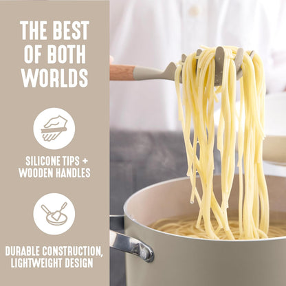 11 Piece Silicone Utensil Crock Set, Nonstick Kitchen Tools, Ladle, Turner, Slotted Turner, Spatula, Spoon, Spaghetti Server, Brush, Whisk, Tongs, Crock, Cream White