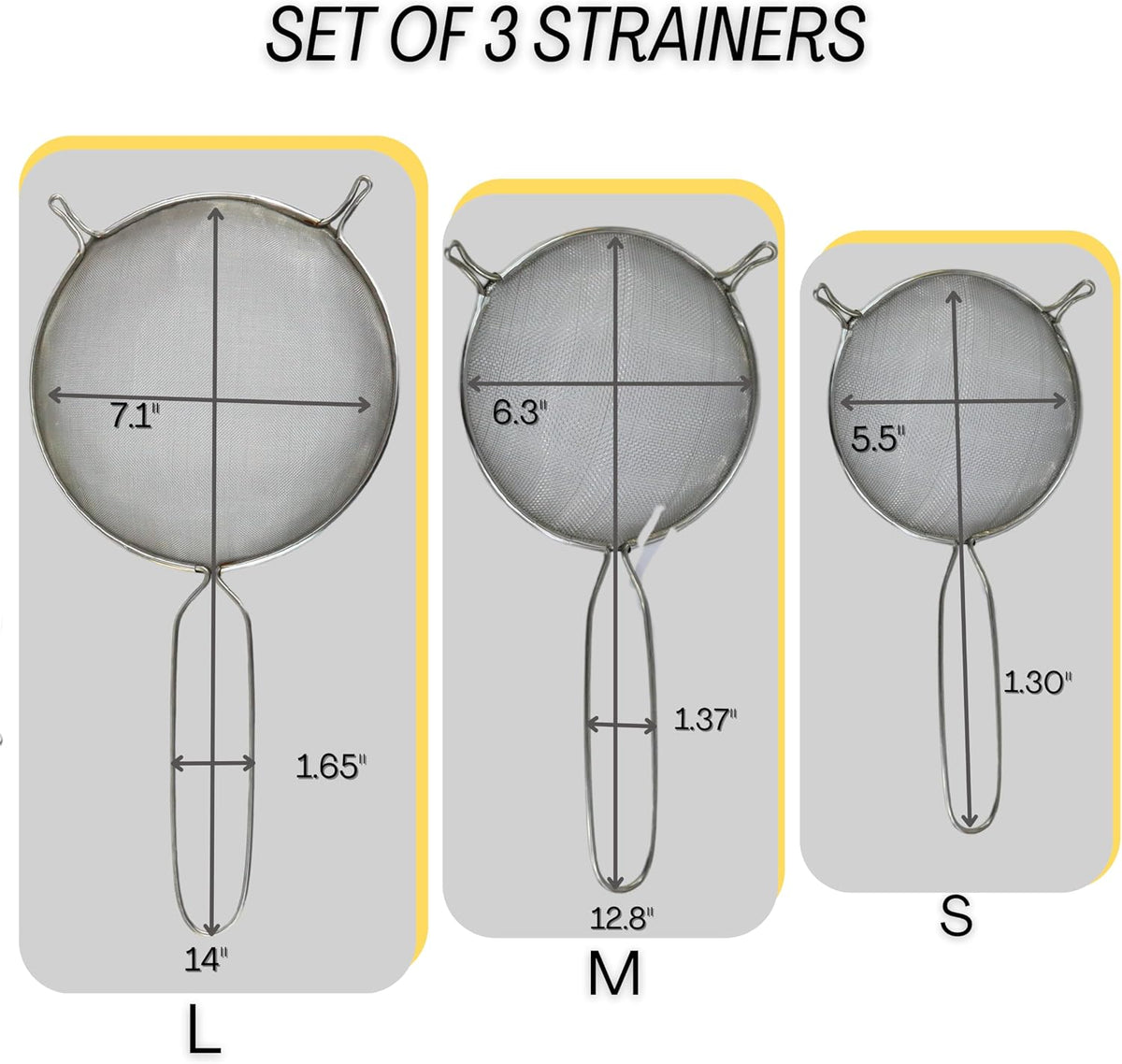 Mesh Strainers - Stainless Steel Fine Mesh Strainer Set of 3 with Handle - Colander-Skimmer Sieve Sifters for Kitchen Food - 5.5", 6.3", 7.1"