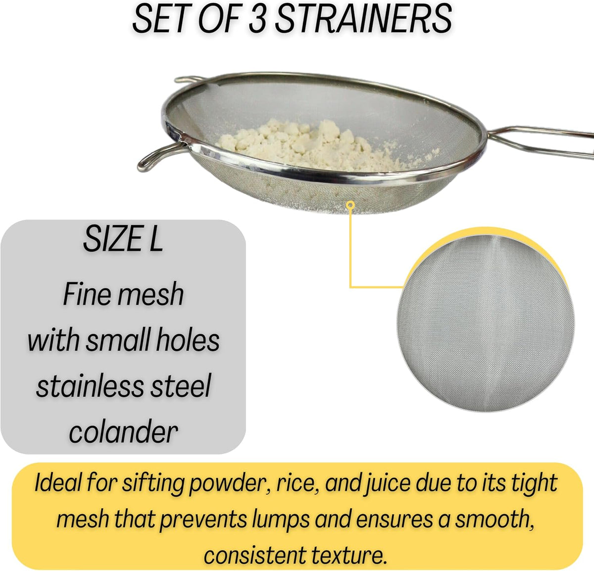 Mesh Strainers - Stainless Steel Fine Mesh Strainer Set of 3 with Handle - Colander-Skimmer Sieve Sifters for Kitchen Food - 5.5", 6.3", 7.1"