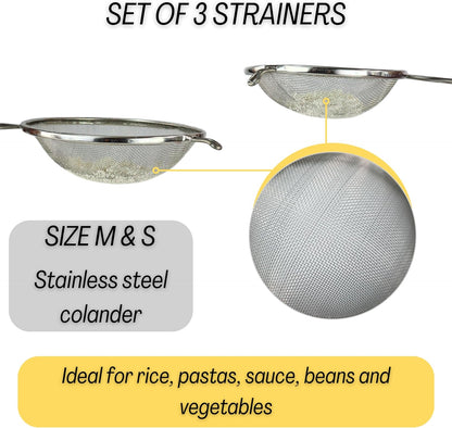 Mesh Strainers - Stainless Steel Fine Mesh Strainer Set of 3 with Handle - Colander-Skimmer Sieve Sifters for Kitchen Food - 5.5", 6.3", 7.1"